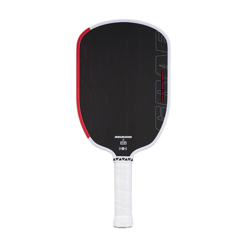 Pickleball-Schläger mit schwarzem Schlägerblatt, weißem Griff und roten sowie weißen Akzenten.