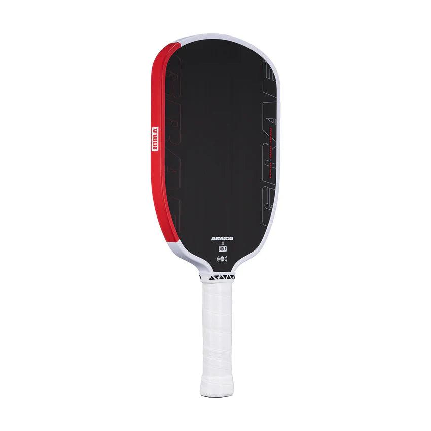 Pickleball-Schläger mit schwarzer Schlagfläche, rotem Rand und weißem Griff.