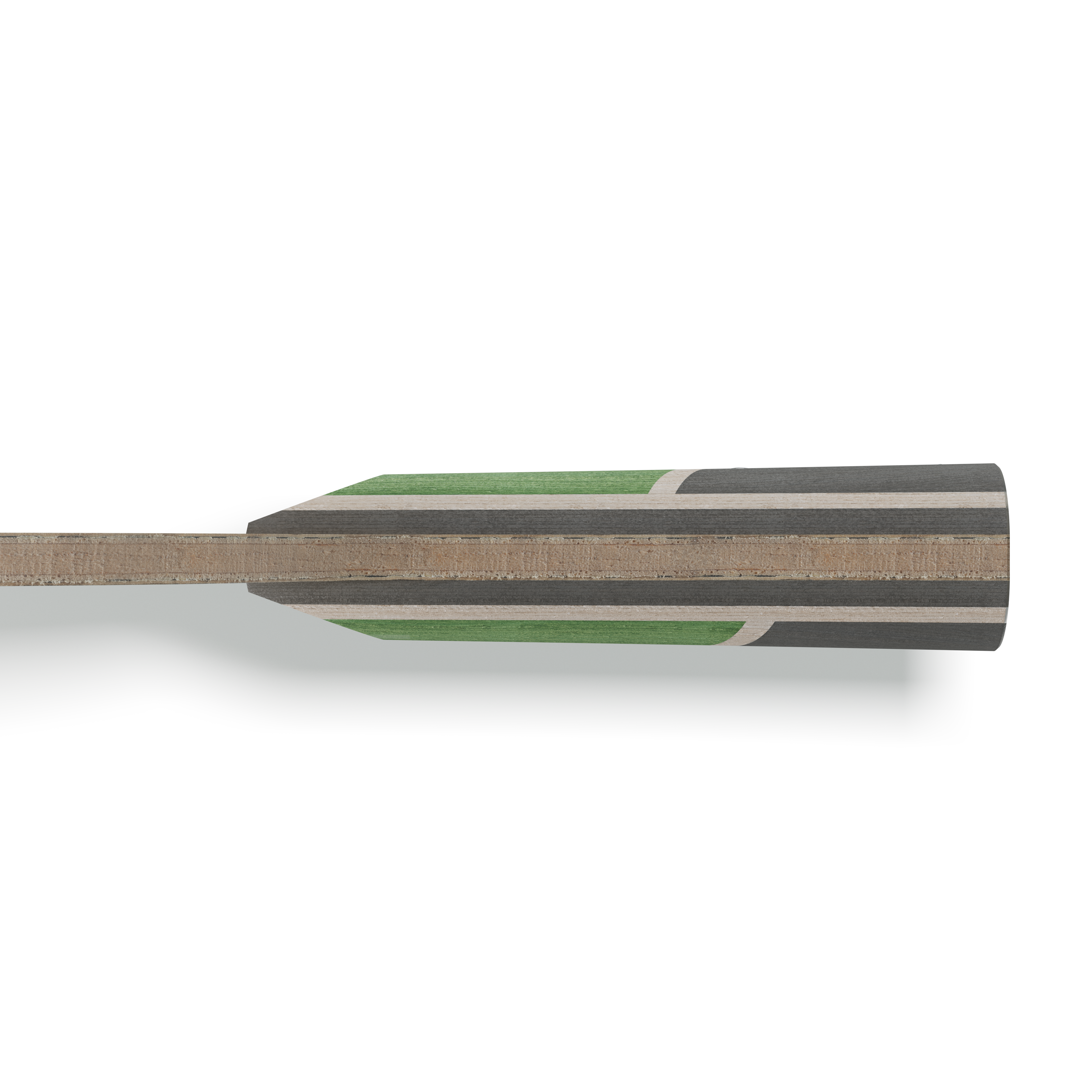 Griff eines Skateboard-Decks mit mehrschichtigem Holz und grün-grauer Lackierung, seitliche Ansicht.